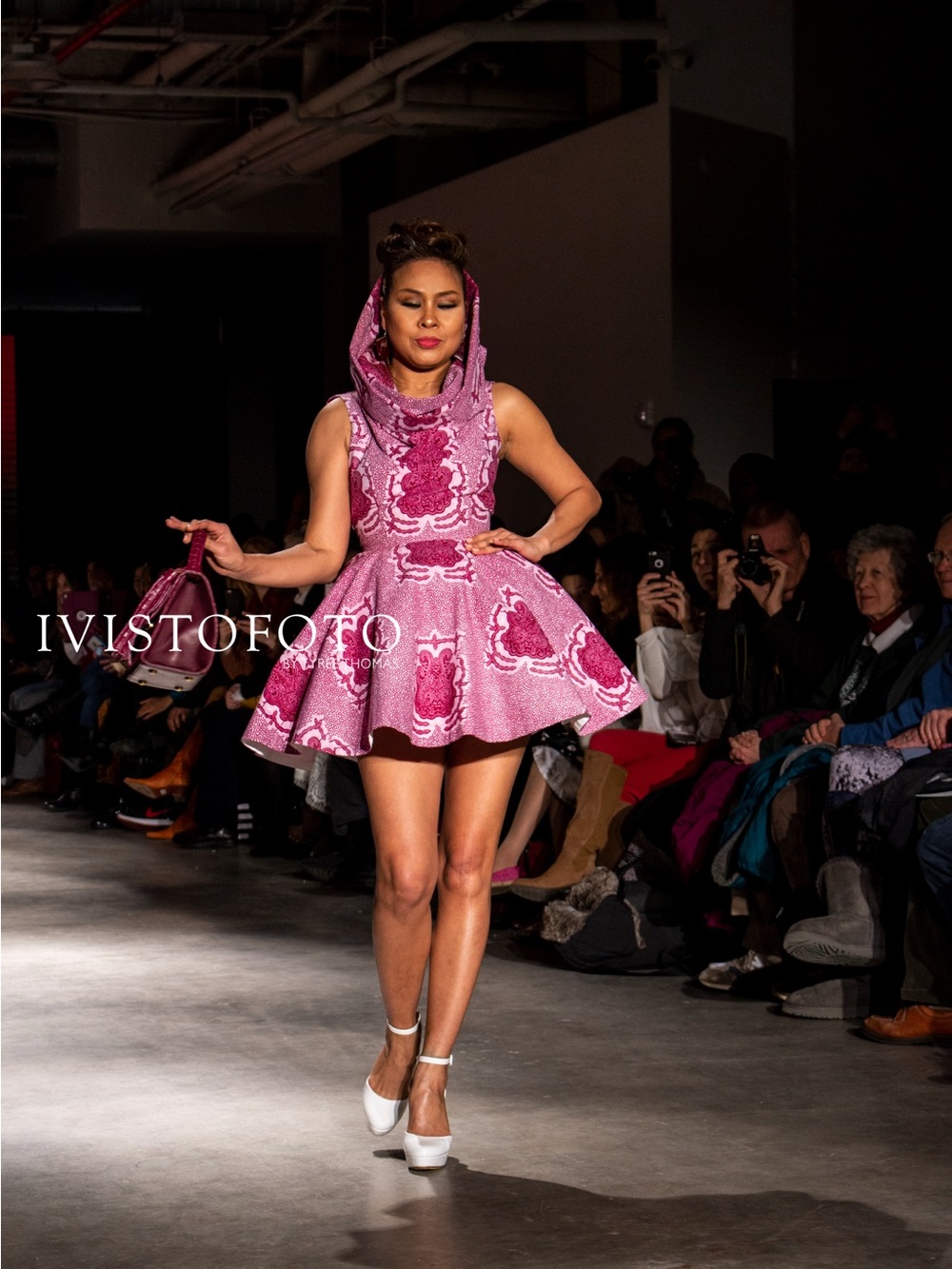 Textured Pink Hooded Fit-and-Flare Mini Dress